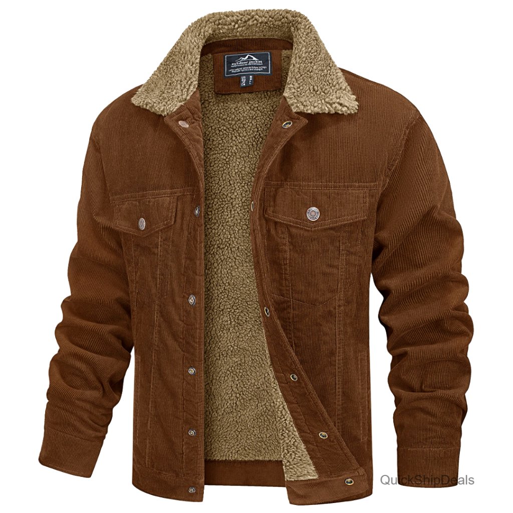 Men's Corduroy Sherpa Lined Winter Jacket Warm Thick Trucker Coat With Pockets